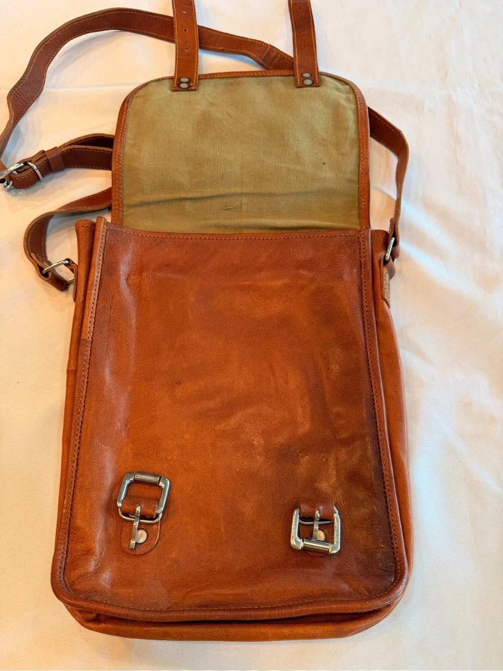 Vintage Brown Genuine Leather Messenger Long Satchel Bag with Front Buckles